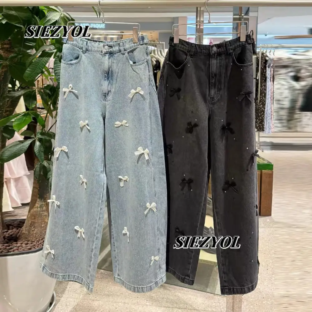 Heavy Industry Rhinestone Bead Bow Decorative High Waist Jeans Sweet Girls Versatile Washed Denim Wide Leg Pants Trousers