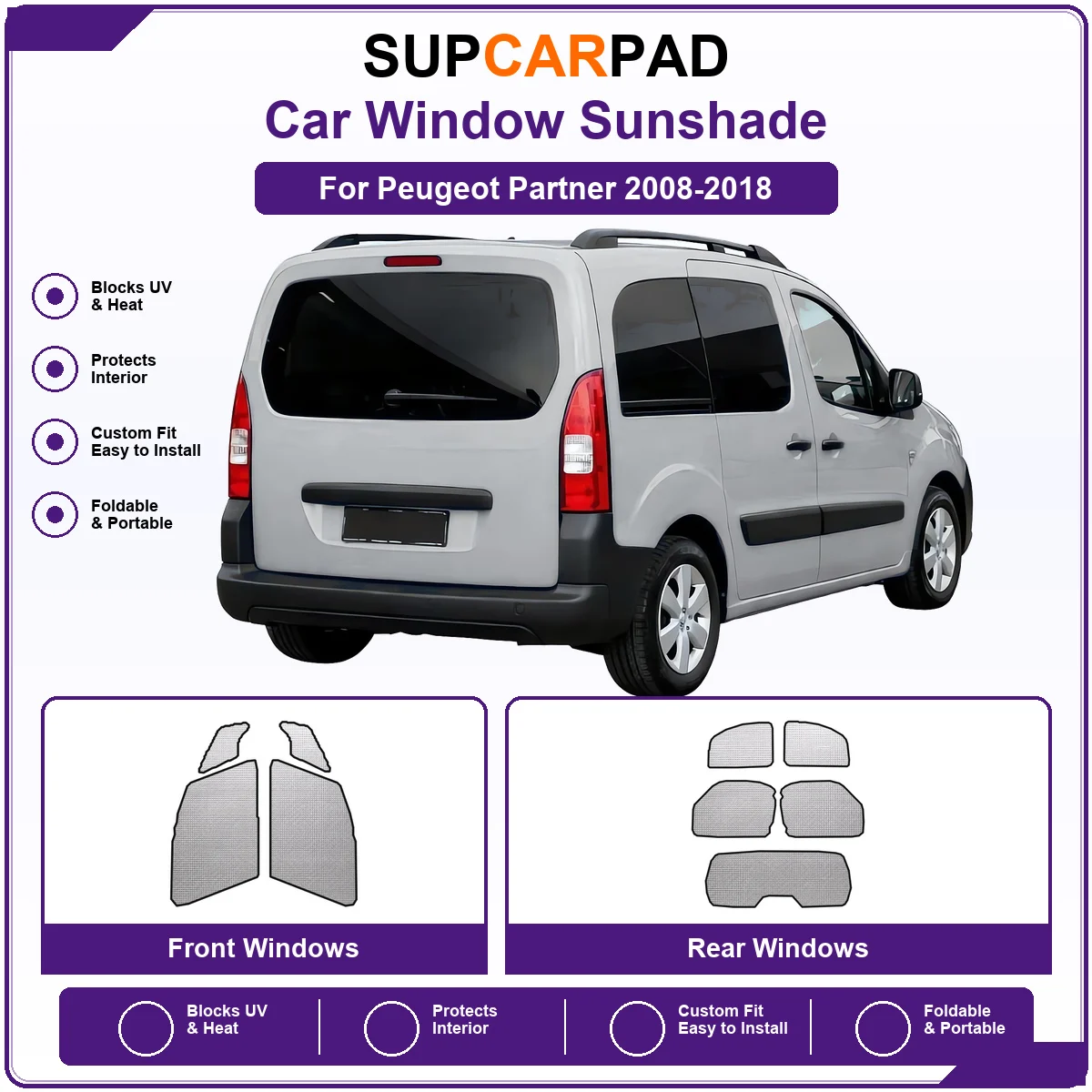 For Peugeot Partner 2008-2018 Pre‑Cut Auto Window Sunshade Anti‑UV Car Sun Visor Protector