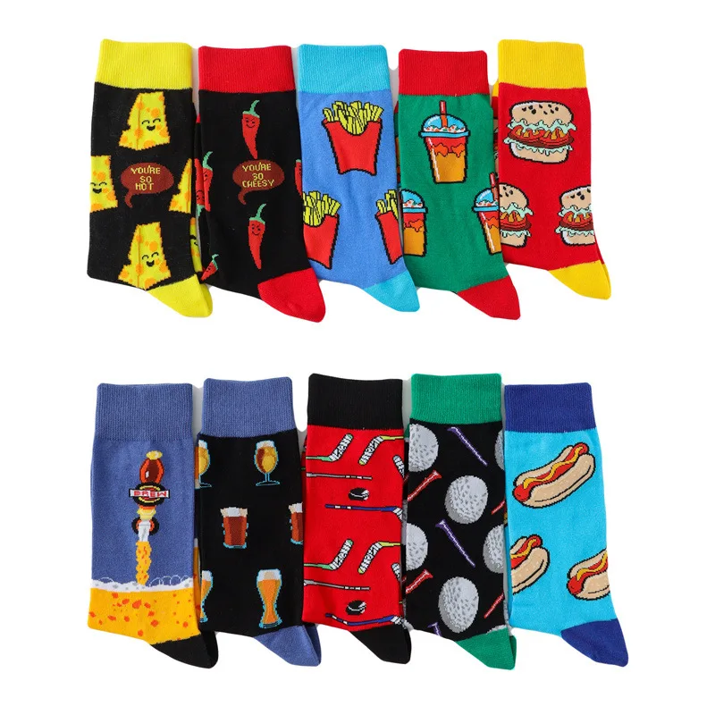 Creative Cotton Men\'s Socks Different Design Combinations Hamburger Fries Drinks Funny Cute Crew Skateboard Socks