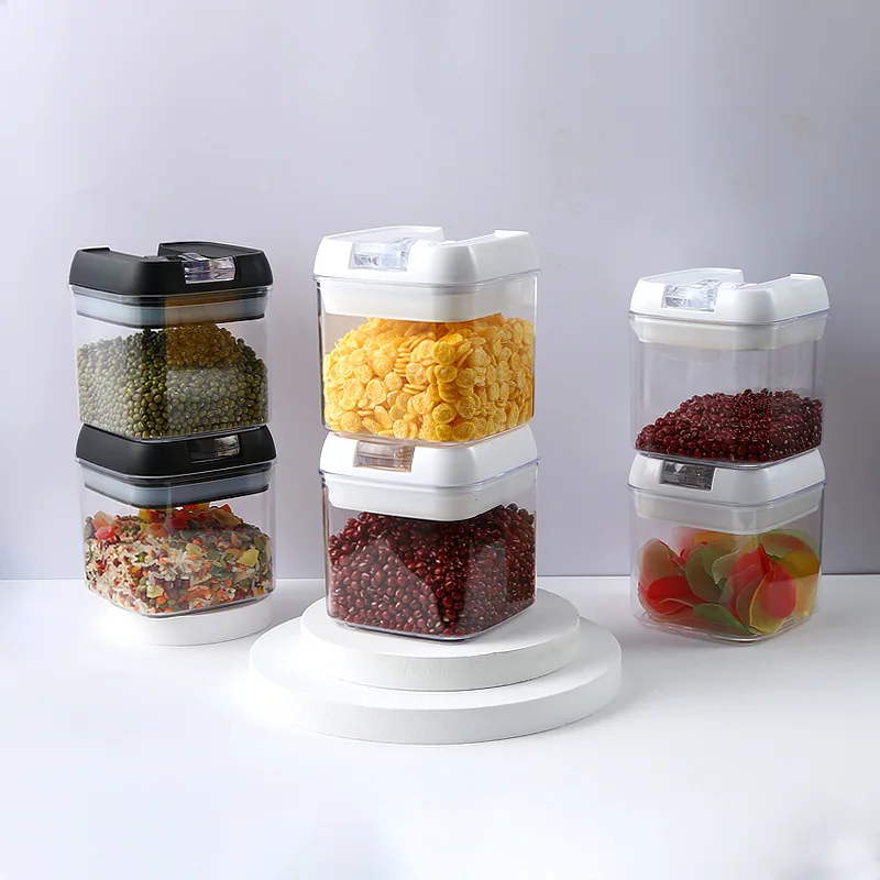 1PC Home Creative Lid Sealed Jar 0.5-1.9L Kitchen Storage Box Transparent Square Fresh-Keeping Grain And Miscellaneous Grain Jar