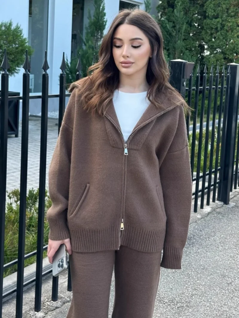 Streetwear Gestrickte 2-teilige Sets Frauen Outfit Herbst Kleidung Frauen Zipper Pullover Top und Hose Sets Lässige Trainingsanzüge Frau Sets