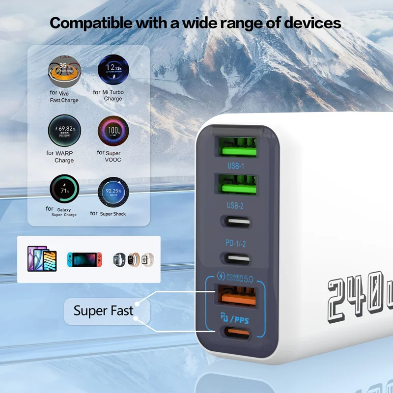 240 واط محول الشحن السريع 6 في 1 GaN شاحن سطح المكتب 10A USB إلى TypeC كابل 3PD 3USB شاحن آيفون 16 15pro محمول 2026 #3