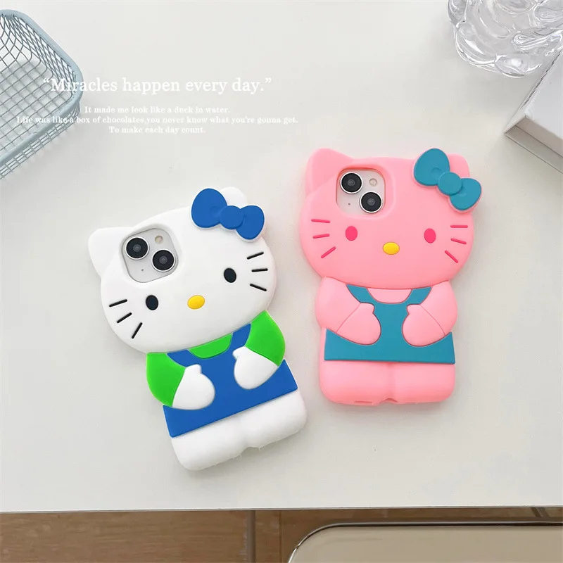 Sanrio HelloKitty Silicone 3D Cute Cat 15pro Apple 13 Phone Case Full Soft Case 13pro Max Suitable for 14 Festival Gifts