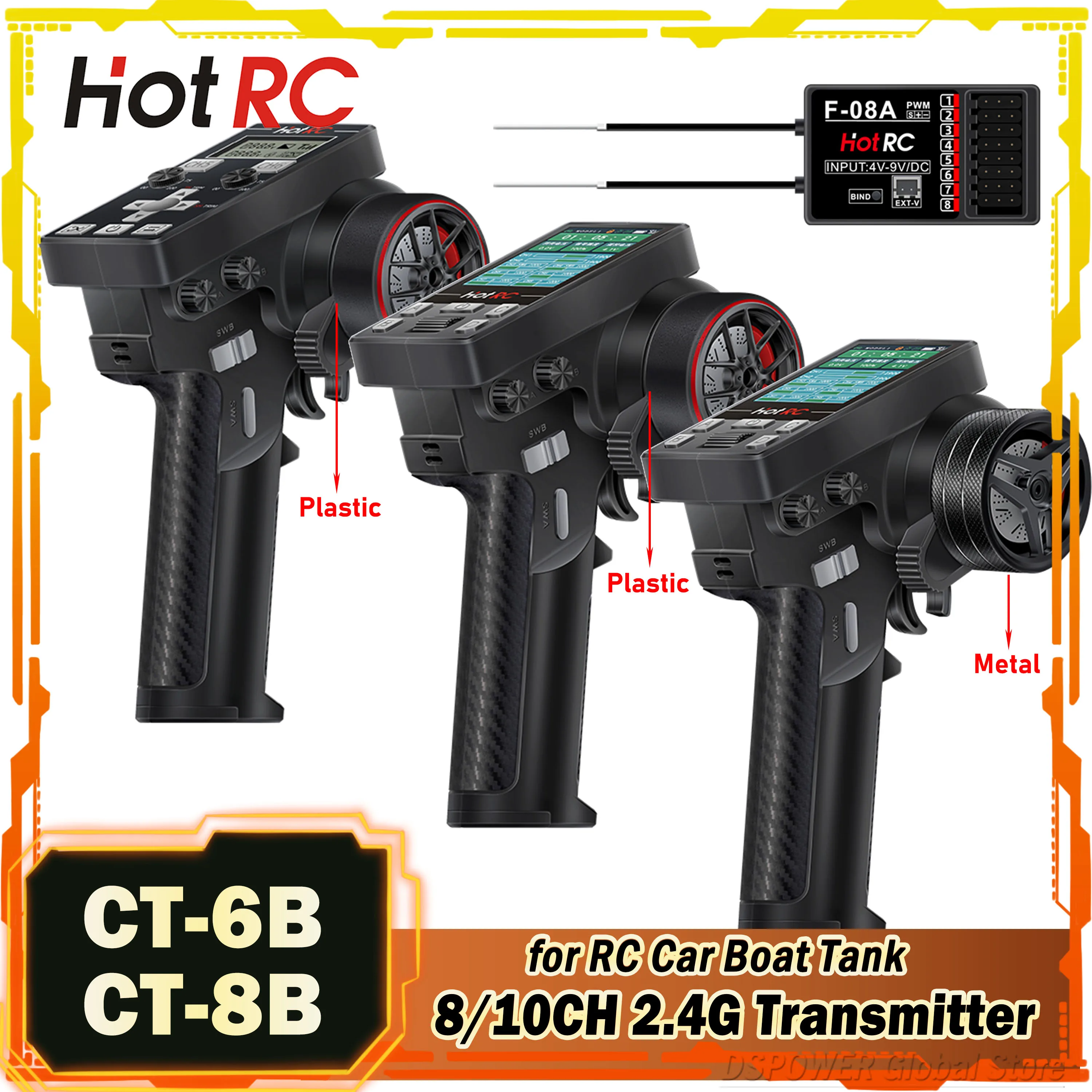 

HOTRC 8/10CH 2.4G Transmitter CT-6B CT-8B Remote Control Radio System F-08A Receiver Voltage Return for RC Ship Car Boat Tank