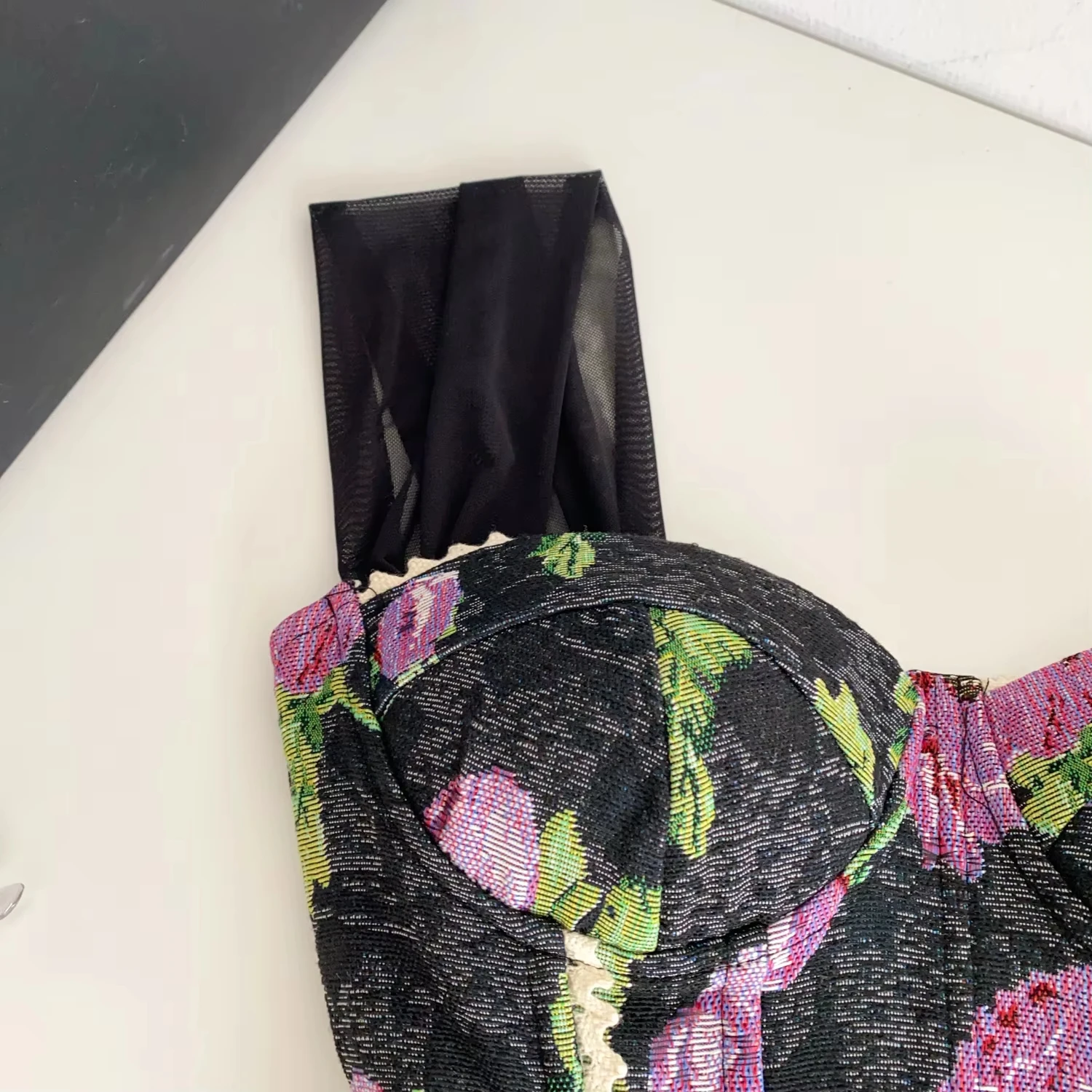 Damen Vintage Blumen-Korsett-Bustier-Top mit abnehmbaren Netzärmeln, Spitzenbesatz und Rückenband, Y2K Party Damen Crop Tops – Detail 17