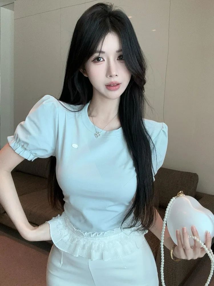 

Sweet Lace Splice Short Sleeve T-Shirt round Neck Pullover Slim Fit Korean Style Pure Desire Flower Slimming Color...
