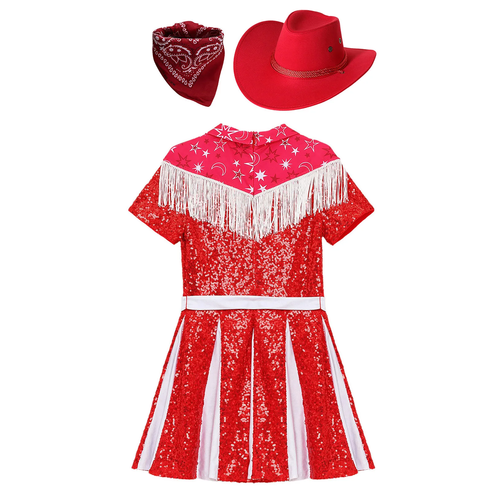 3 stks meisje westerse cowgirl cosplay kostuum pailletten geplooide jurk met cowboyhoed + bandana voor kerst halloween party dress up