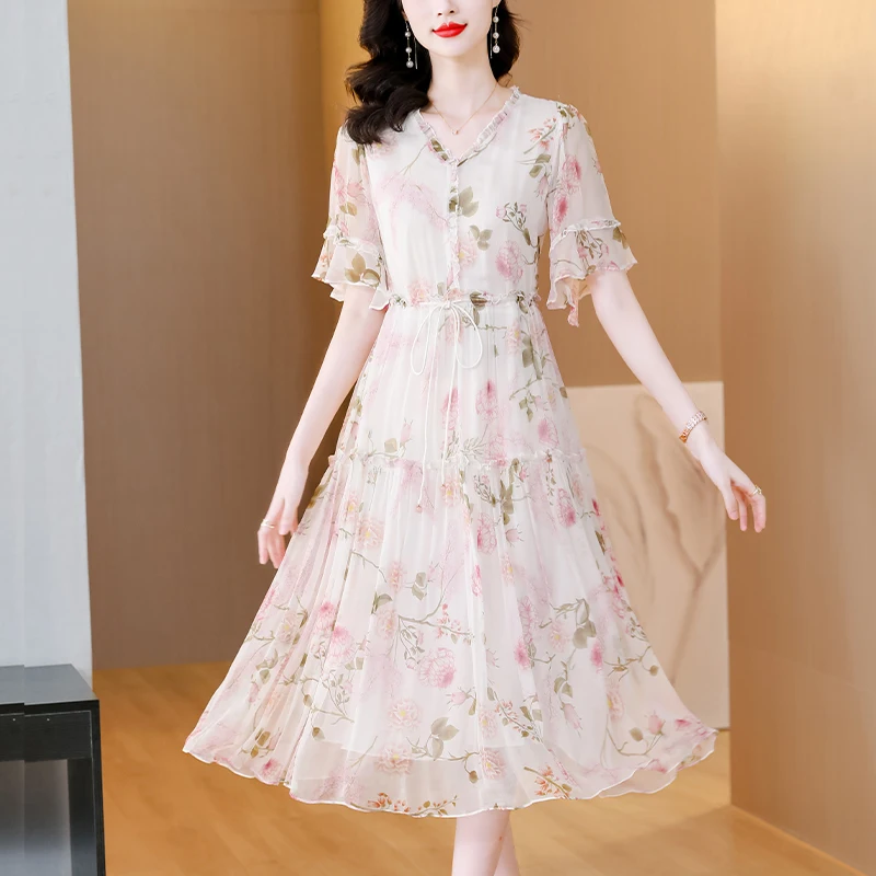

2023 New High end Fashion Silk Printed Dress Summer Elegant V-neck Short Sleeve Loose Fit Casual Holiday Dress Vestidos