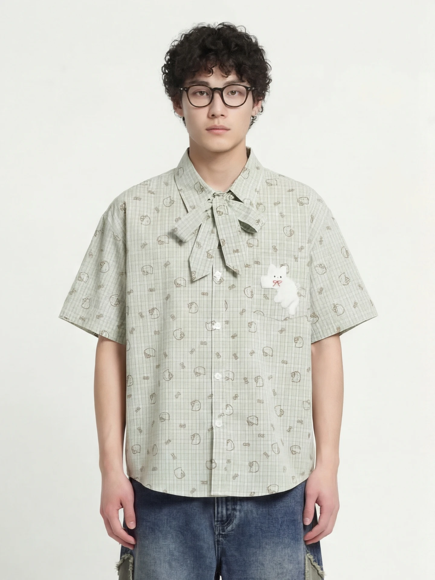 

Cute Floing Embroidery irt Loose ort Sve Bow Tie Mint een Plaid Casual Sle Breathable Cotton Polyester Blend