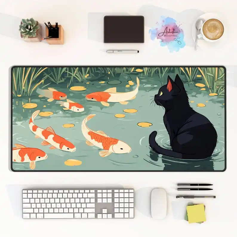 

Black cat Koi mouse pad, PC game desk pad, high-quality rubber material, anti-slip, washable, high-definition printed carpet
