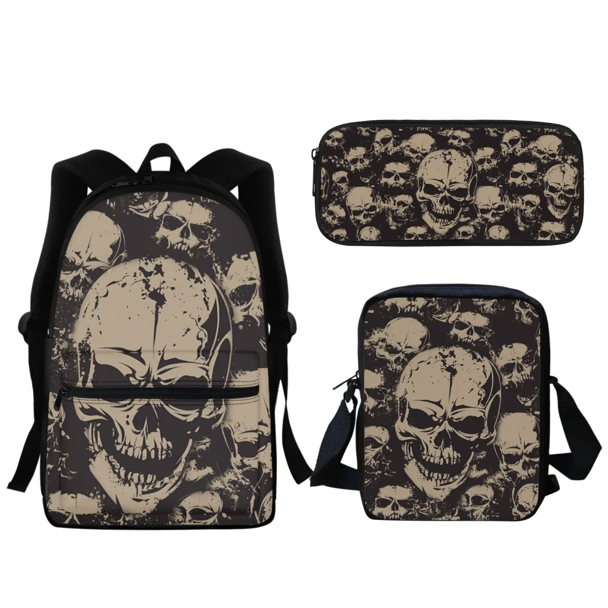 

New 3Pcs Horror Skull Rose Design Kids Popular Backpack Teen Boys Girls School Bags For Students Learning Tool Pencil Case Gift