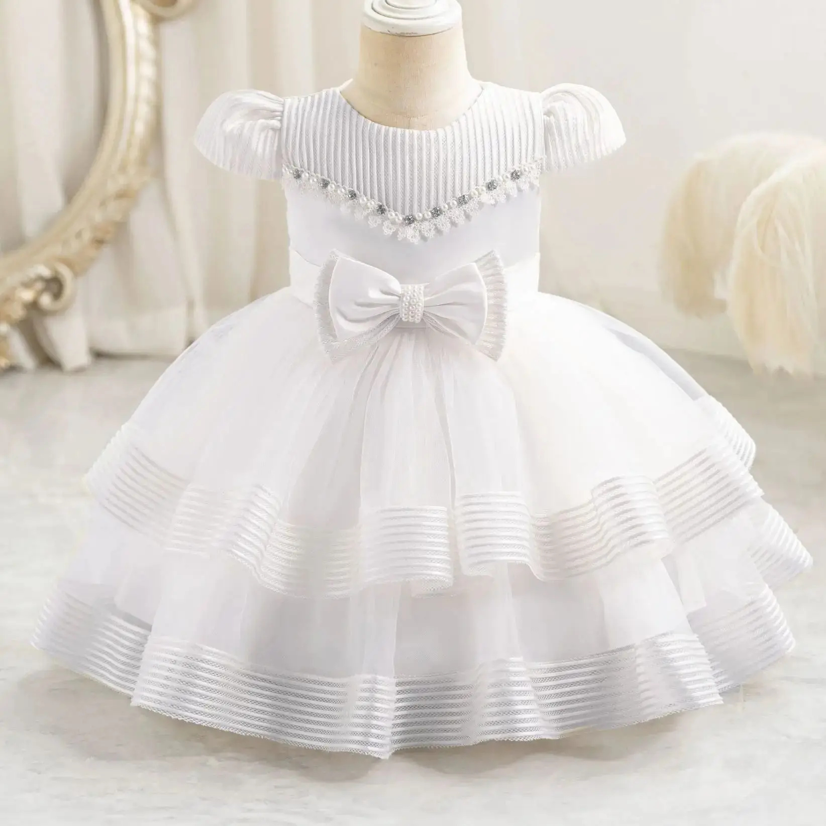 

Праздничное платье HETISO в полоску для девочек, многослойное, с бисером, для малышей и детей, на Рождество и другие праздники, 6 месяцев - 4 года