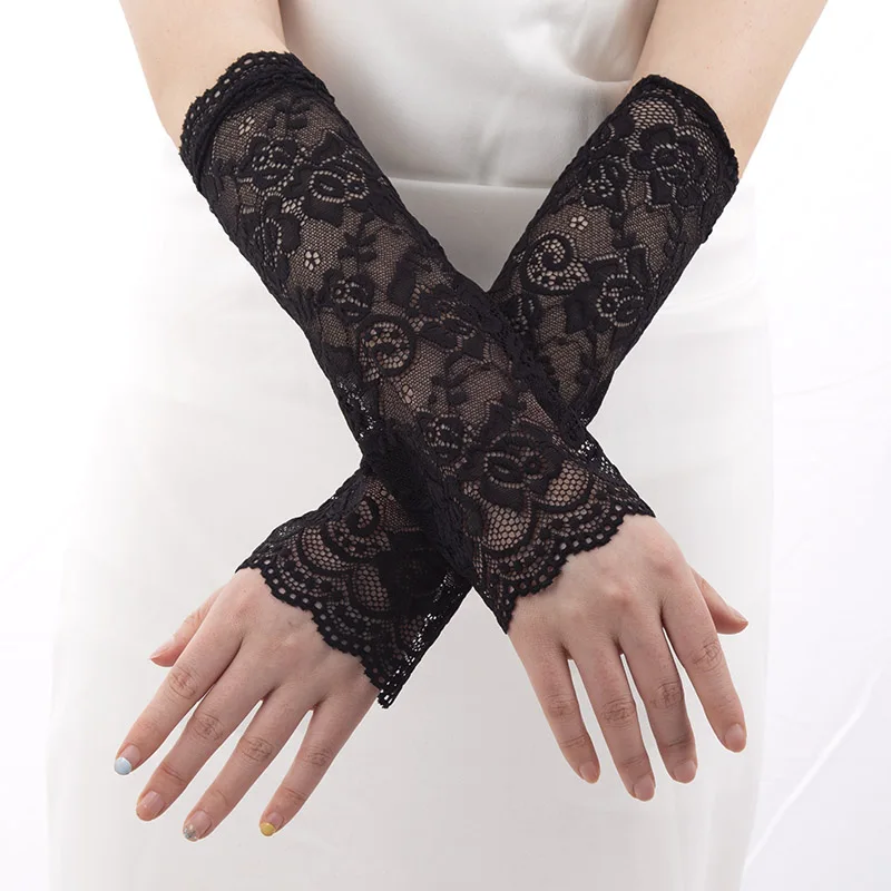 Black Sexy Lace Hollow-Out Fingerless Flower Gloves Sun Protection Sleeves Mesh Thin Cycling Gloves Summer Arm Sleeves Mitten