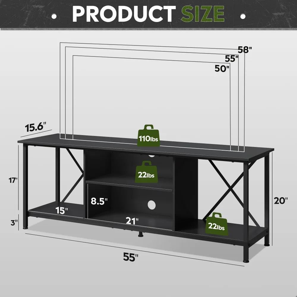 Industrial TV Stand for Up to 65 inch TV, Heavy-Duty Metal Frame Entertainment Center with Adjustable Shelves & Cable