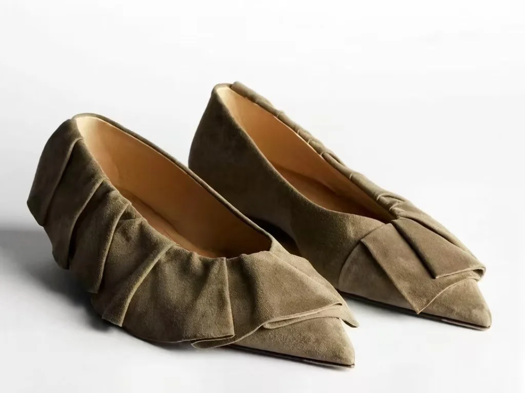 

New Women's Taupe Suede Pointed Toe Flats Ruched Slip On Casual Office Comfortable Elegant Fashion Daily Low Heel Slinge Shoes