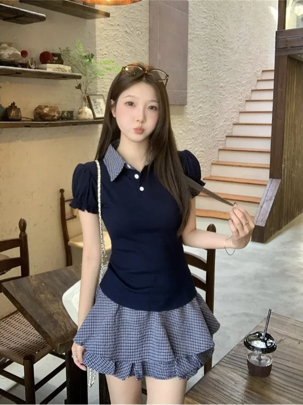 

plus Size Casual Versatile College Style Plaid Color Block POIO Collar Short Sleeve T-Shirt Skort Two Piece Set for plus Size...