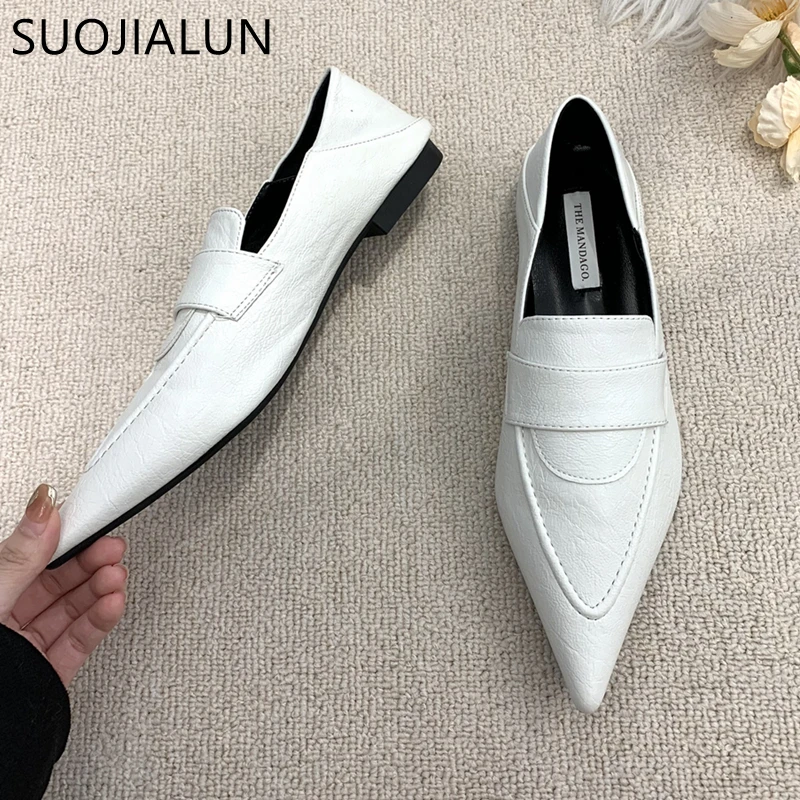 SUOJIALUN 2023 Autumn Women Flat Shoes Fashion Pointed Toe Slip On Ladies Laofer Shoes Soft Sole Flat Heel Casual Ballerinas Sho