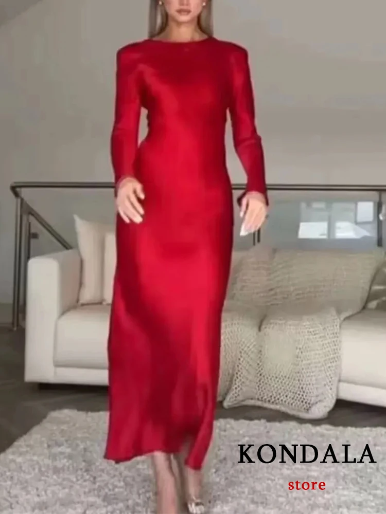 KONDALA Vintage Chic Red Women Dress Solid Long Sleeve Zipper O-Neck Backless Dress Fashion 2024 Evening Club Slim Vestidos