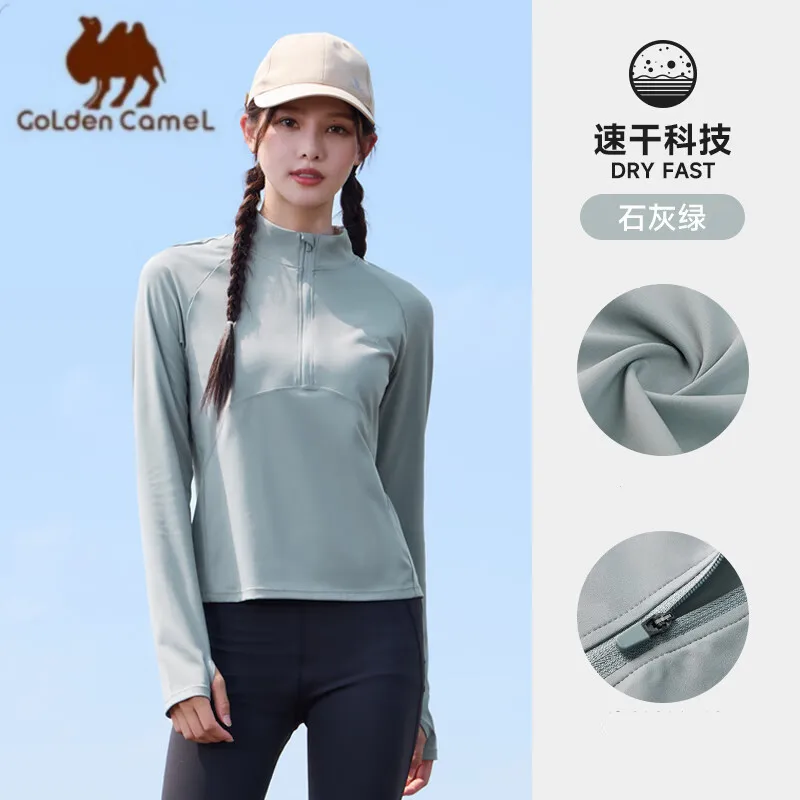 Camelo dourado manga longa para mulheres, camisas esportivas de ioga, ginásio Fitness, ciclismo ao ar livre, pesca de verão
