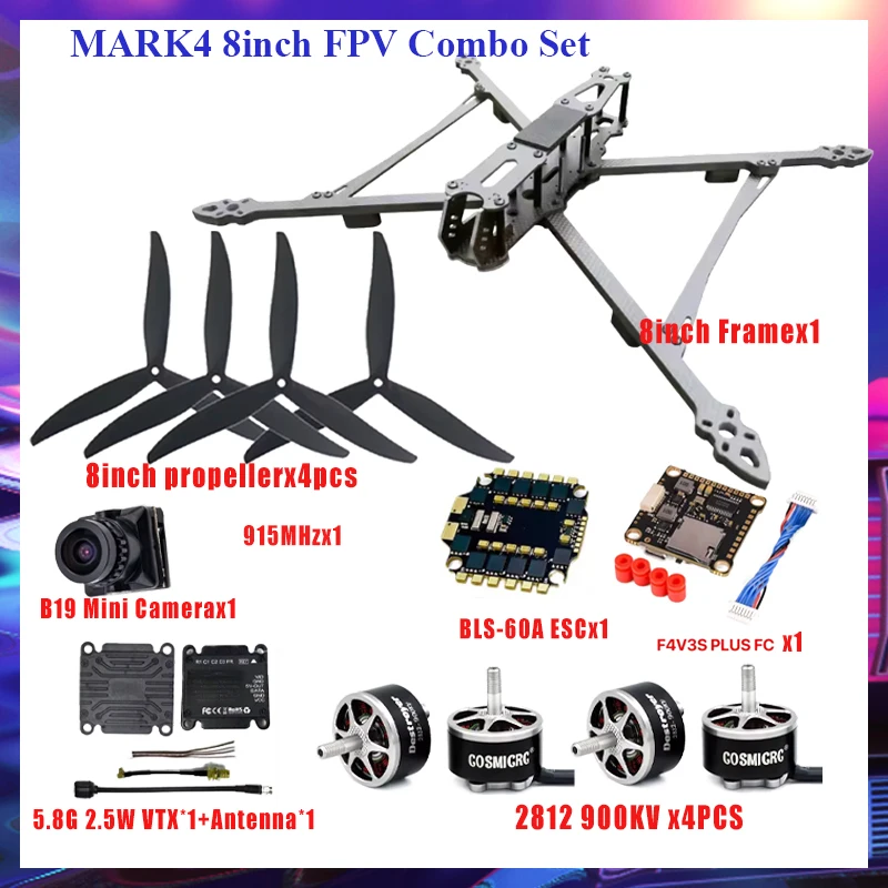 

Комплект карбоновой рамы MARK4V2 8 дюймов, бесщеточный двигатель 2812, полетный контроллер F405, регулятор скорости 60A ESC, пропеллер 8040, видеопередатчик 2.5W VTX, камера для 8-дюймового FPV RC дрона DIY