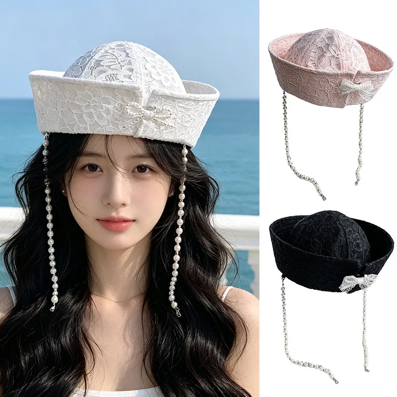 Ins French Pearl Streamer Lace Jacquard Atmungsaktive Baskenmütze für Damen, Sommer- und Herbst-Atmungsaktive Vielseitige Achteckige Malermütze – Detail 1