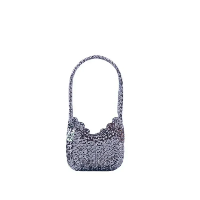 High Quality Evening Bag Luxury Design Silver Metallic Sequins Handmake Woven Bag Female Dinner Party Wedding Handbag Soft