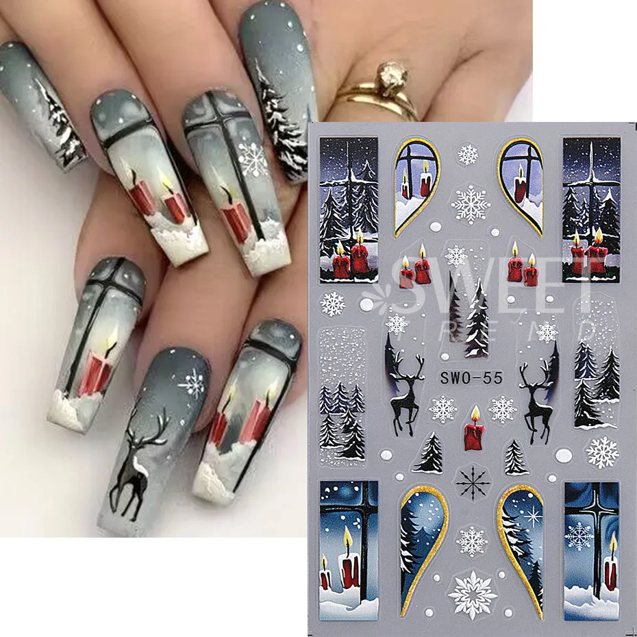 5D Embossed Christmas Snowman Snowflakes Nail Art Stickers Cartoon Santa Claus Elk Nail Decal DIY New Year Manicure Decoration