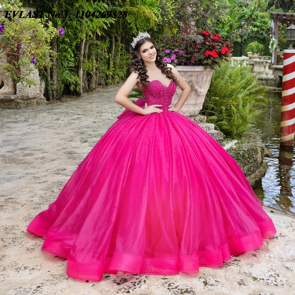 EVLAST ที่กําหนดเองเม็กซิโกสีขาว Quinceanera Ball Gown Applique คริสตัลลูกปัดโบว์รัดตัวหวาน 16 Vestido De 15 Anos E3Q244