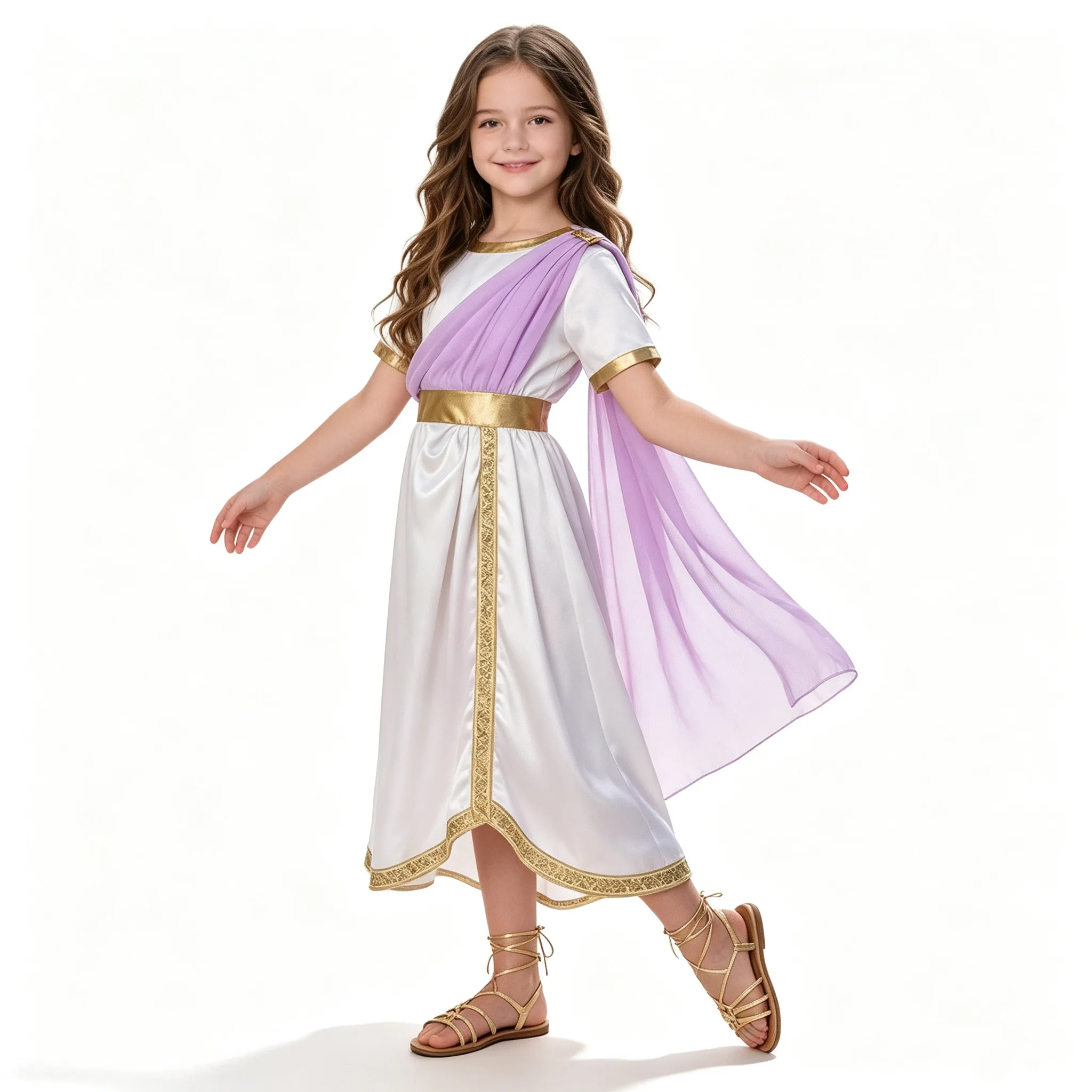 Kids Girls Ancient Greek Goddesses Costume Short Sleeve Satin Roman Toga Dress Worship Choir Robe for Halloween Carnival Cosplay