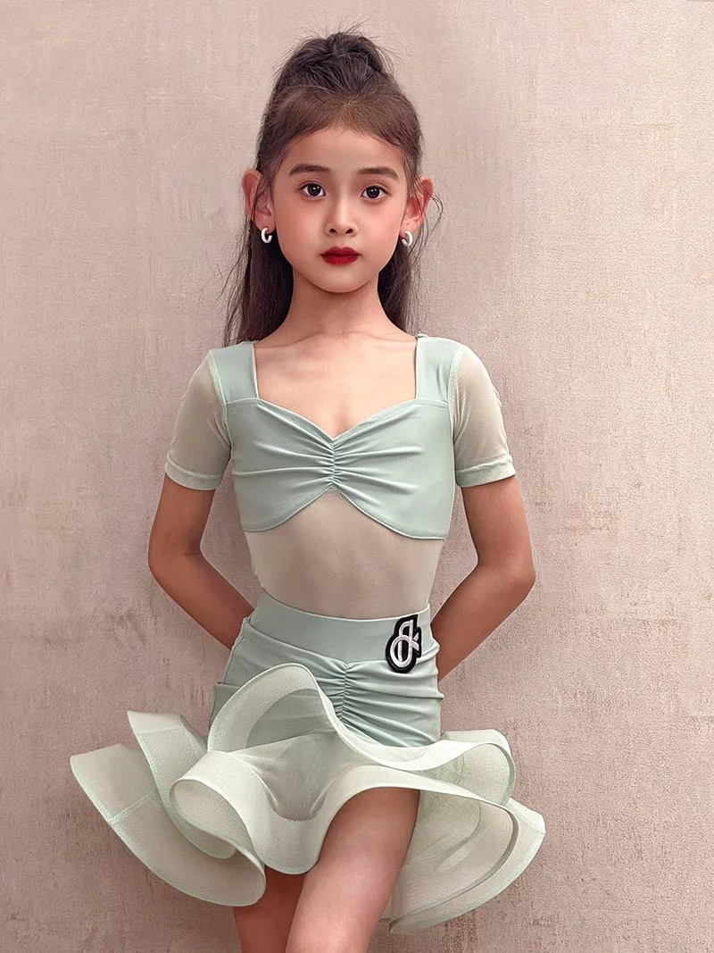 Kinderen Latin Dance Training Jurk Kinderen Meisjes Plooien Body en Dubbellaags Mesh Rok Samba Ballroom Competitie Danskleding