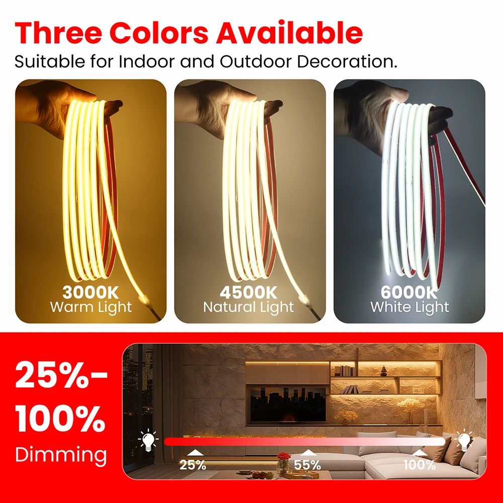 Dimmable 220V COB LED Neon Strip Light 4Key Timer Dimmer 288LEDs/M 3000K 4000K 6000K Waterproof Flex Tape Room Garden Lighting