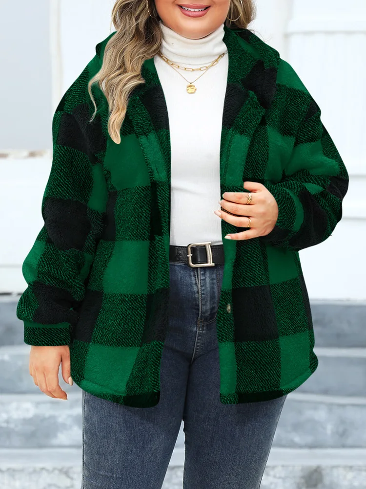 GIBSIE Plus Size Winter Plaid Coat Women New Autumn Single Breasted Hooded Jacket Woman Casual Long Sleeve Thick Warm Outerwear