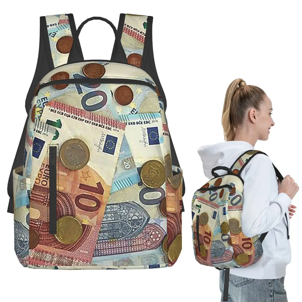 

Euro Banknotes And Coins Backpack Student BookBag Kids School Bag Laptop Shoulder Bags Boys Girls