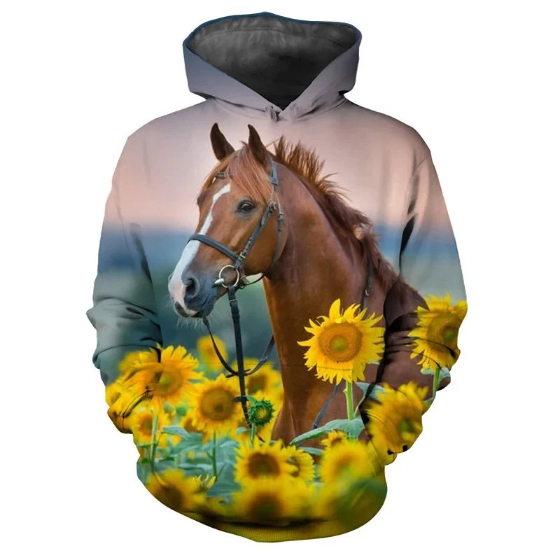 New Horse 3D Print Hoodies Women Men Fashion Streetwear Casual Hoodie Oversized Pullovers Hooded Sweatshirts Kids Tops Clothing