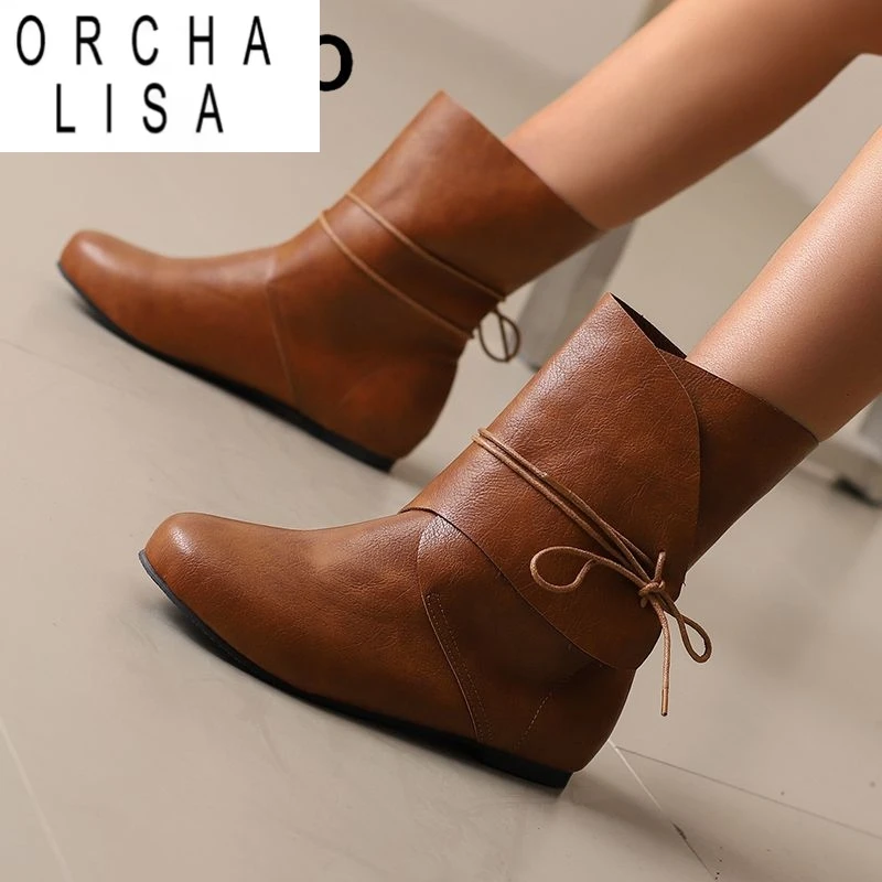 

ORCHA LISA 2025 Винтажные женские ботинки с круглым носком на плоской подошве без шнуровки, большой размер 46 47 48 Мягкие повседневные женские ботинки до середины икры
