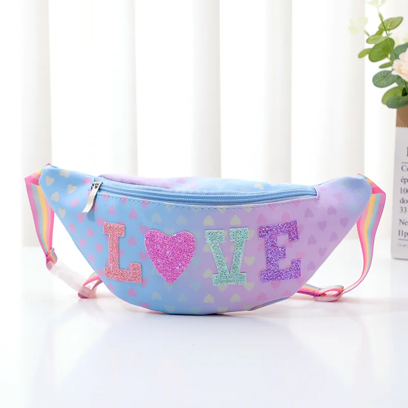 Sequins Letter Sticker Children's Shoulder Bags Rainbow Strap Girls Kids Waist Bags Lovely Baby Chest Crossbody Bag Coin Purse