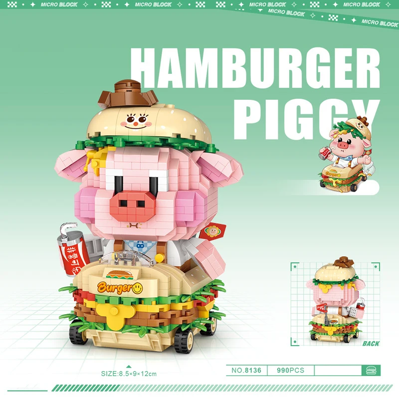 

Idea Funny CARTOON Food Pig Image Micro Diamond Building Block Hamburger Piggy Nanobricks Educational Toys For Children Gifts