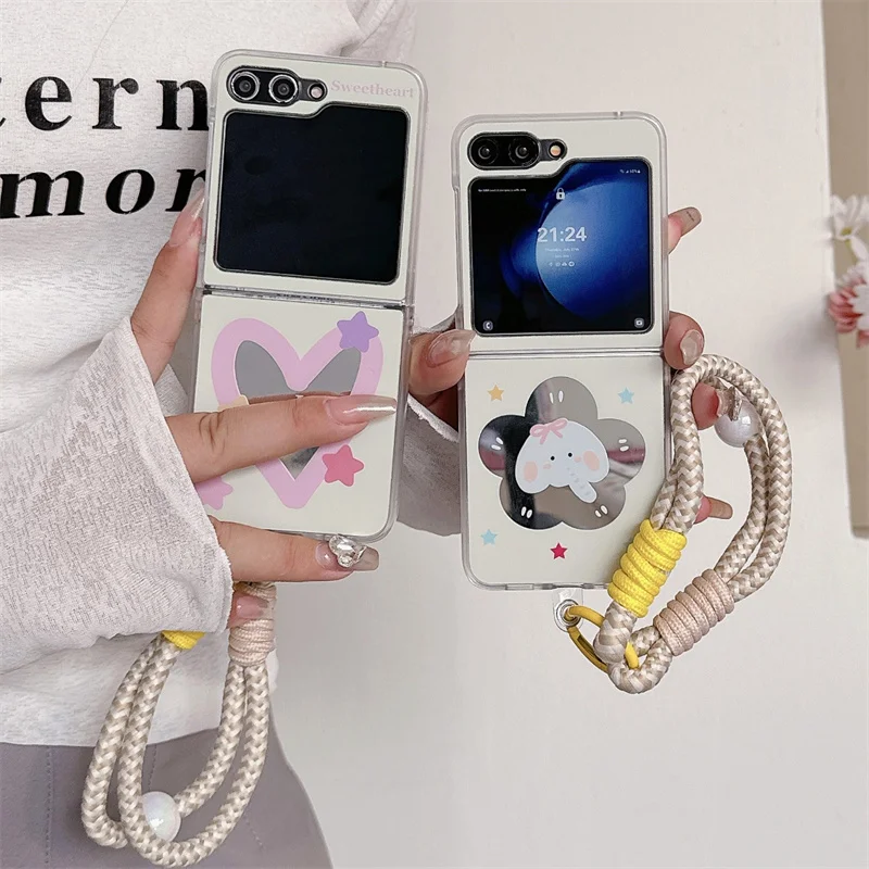Cute Hollow Mirror Love Heart Phone Case For Samsung Galaxy Z Flip 6 5 4 3 Z Flip5 Flip6 Flip4 5G Cover with Hand Strap Cases