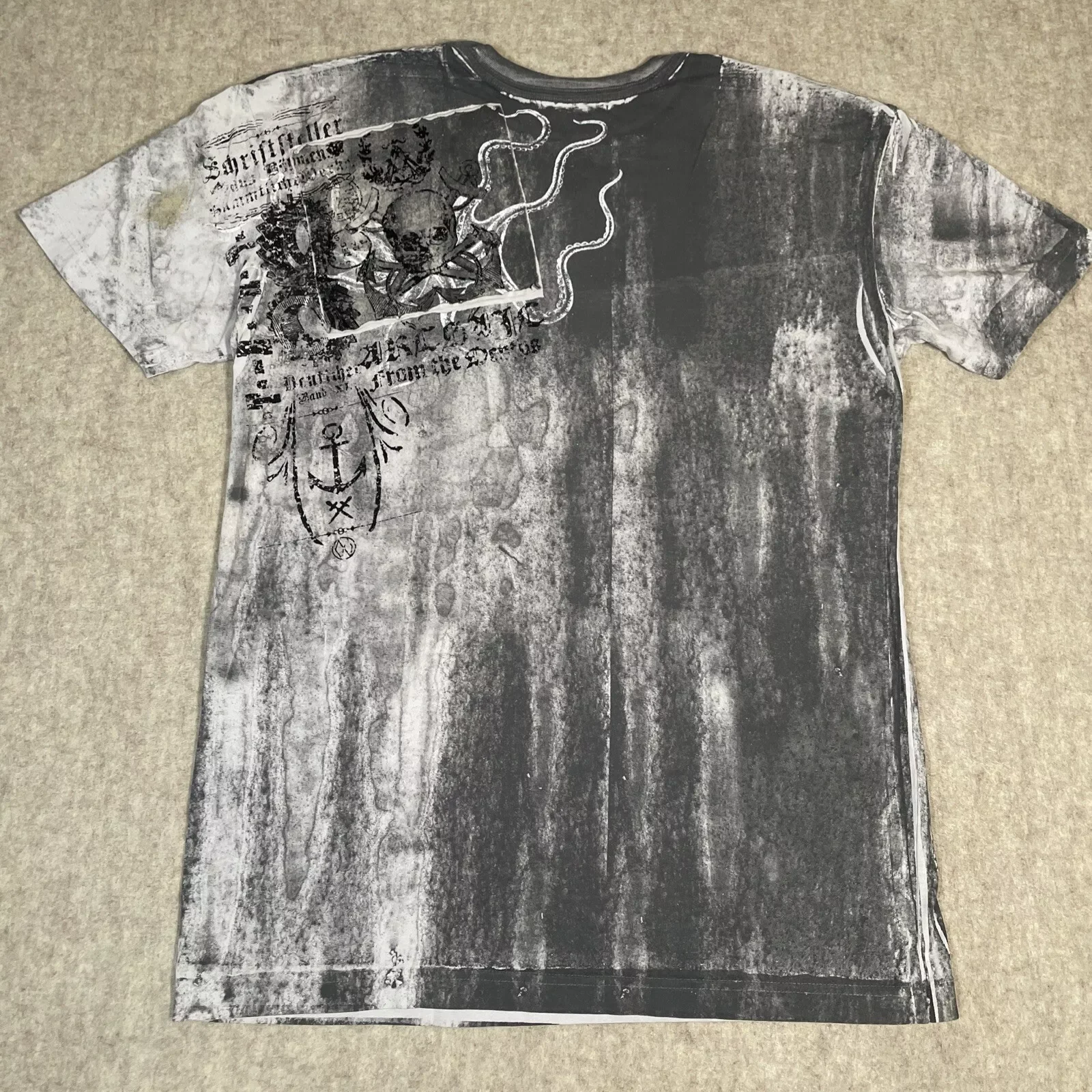 Archaic Y2K Gray T-shirt Large All Over Graphics Oversized Cotton Short Sleeved T Shirt Retro Hip Hop Graphic Printing