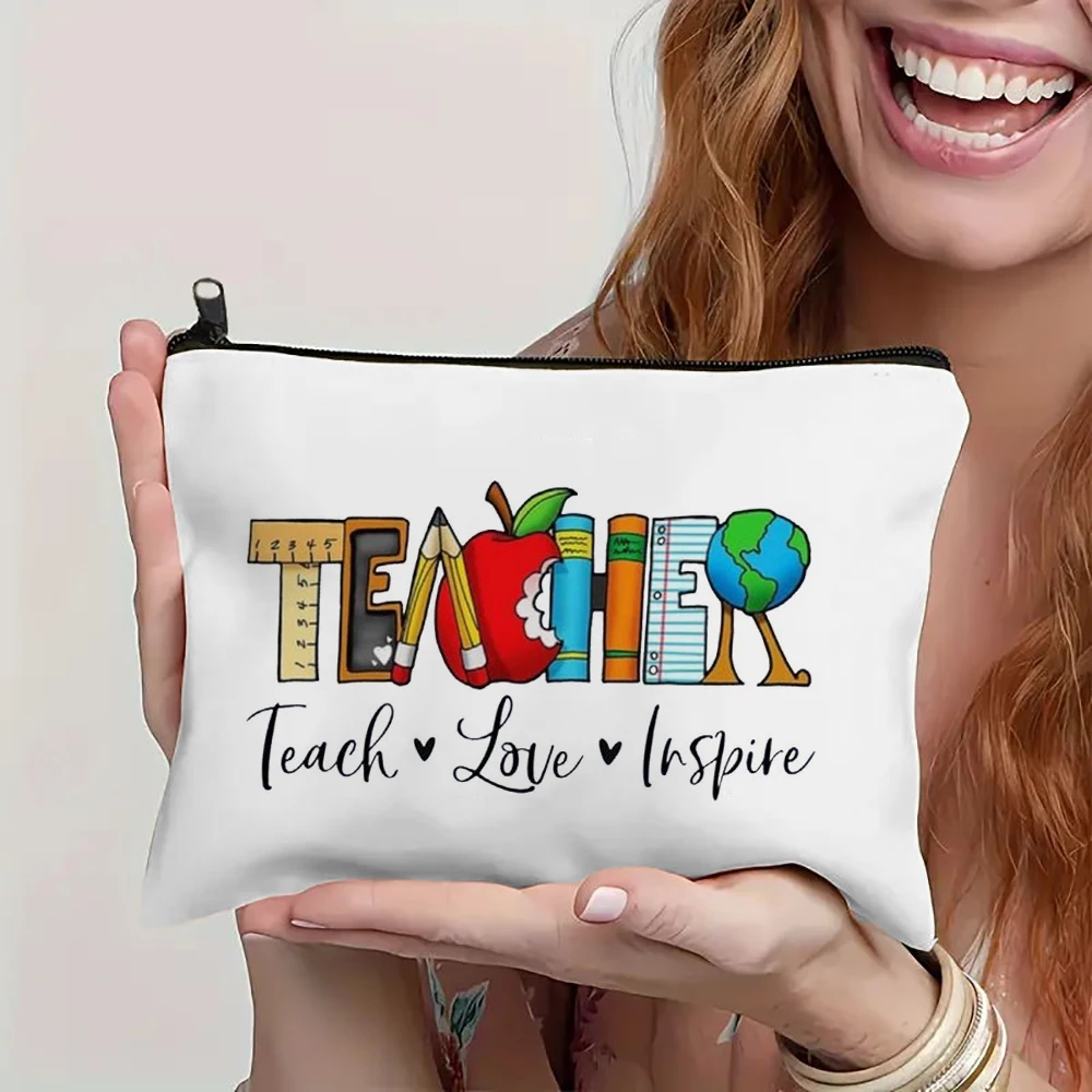 Coffee Give Me Teacher Power Women borsa per cosmetici in lino borsa per il trucco borsa per rossetto Organizer per il giorno dell\'insegnante i