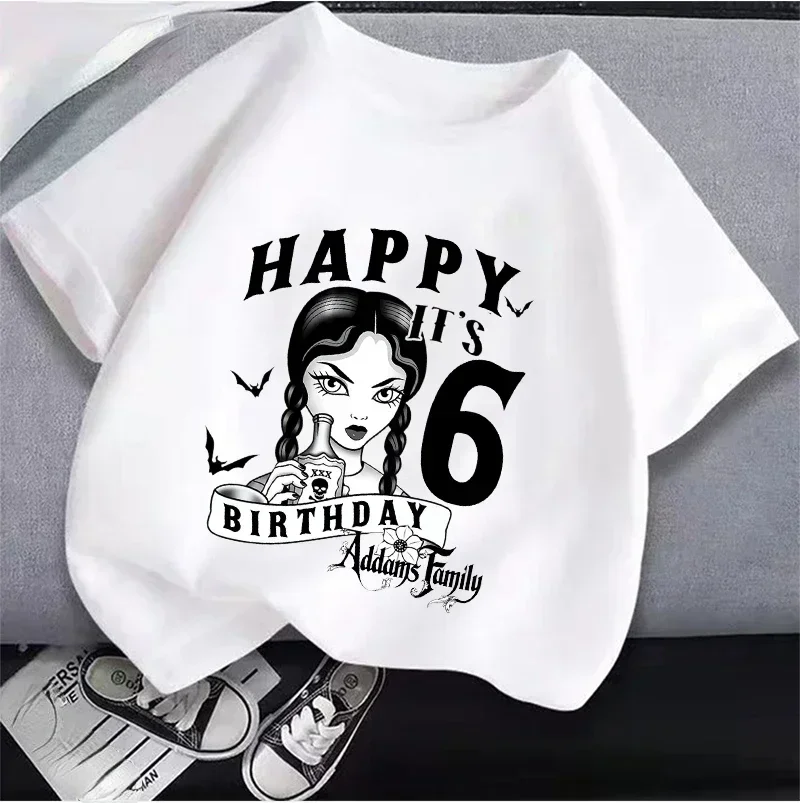 2024 New Wednesday Addams Children Clothing Anime Summer Girls Birthday Gift Number Cotton T-shirt Cartoon Clothes Kids Top