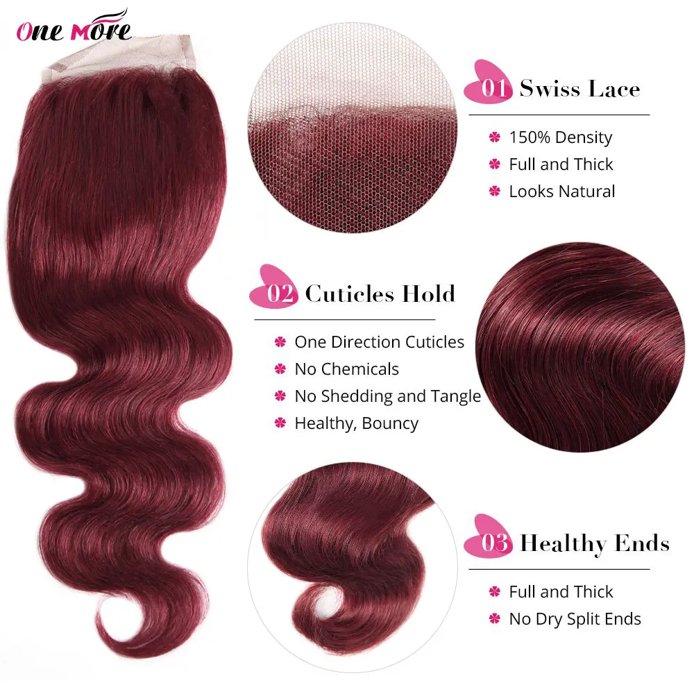 Borgonha Body Wave Pacotes de cabelo humano com fechamento, vermelho escuro, parte livre, parte livre, 5x5 encerramento com pacotes, 99J