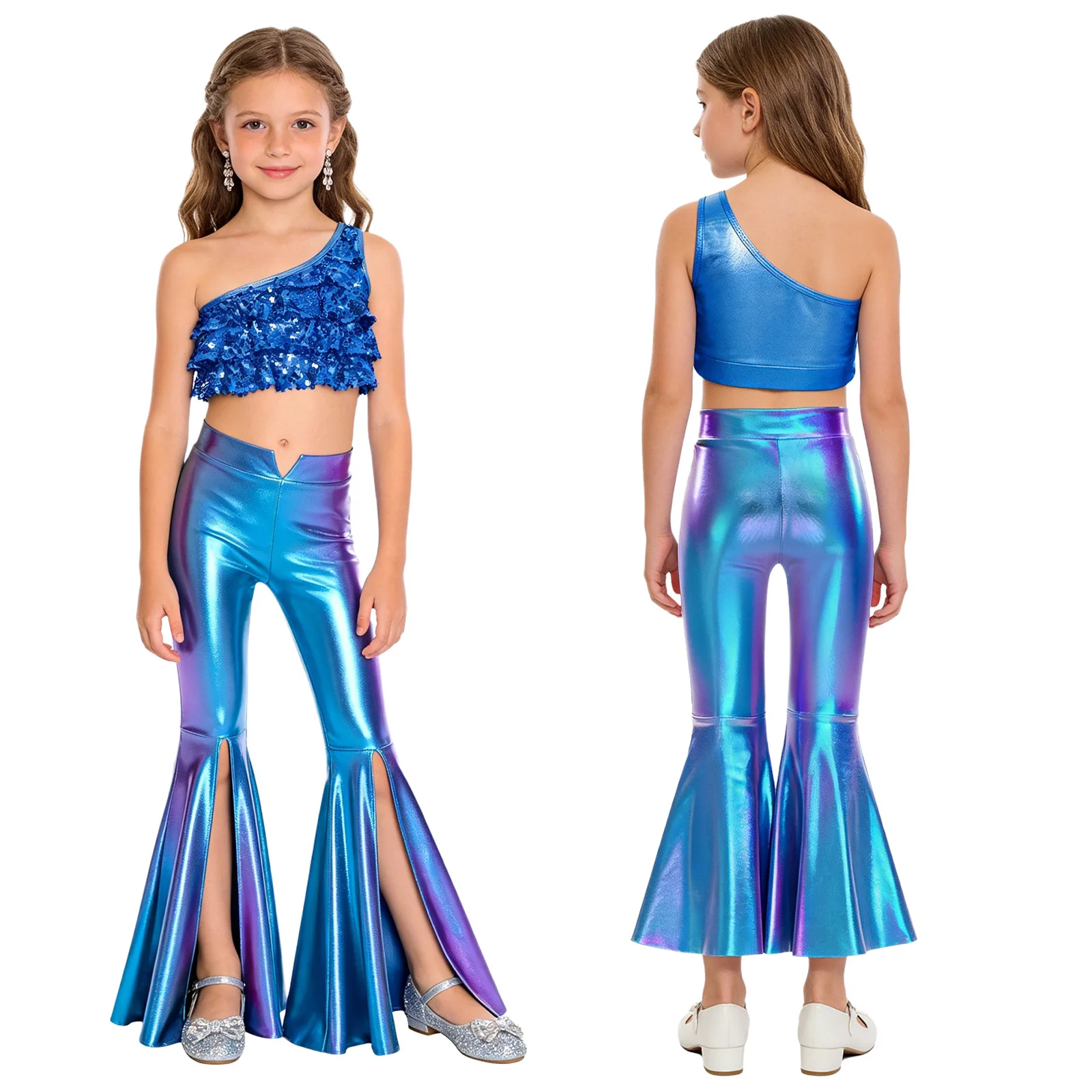 Kids Girls Metallic Shiny 70s 80s Disco Jazz Hip Hop Dance Outfits Sequins Tiered Ruffles Crop Top Vest with Bell-Bottom Pants