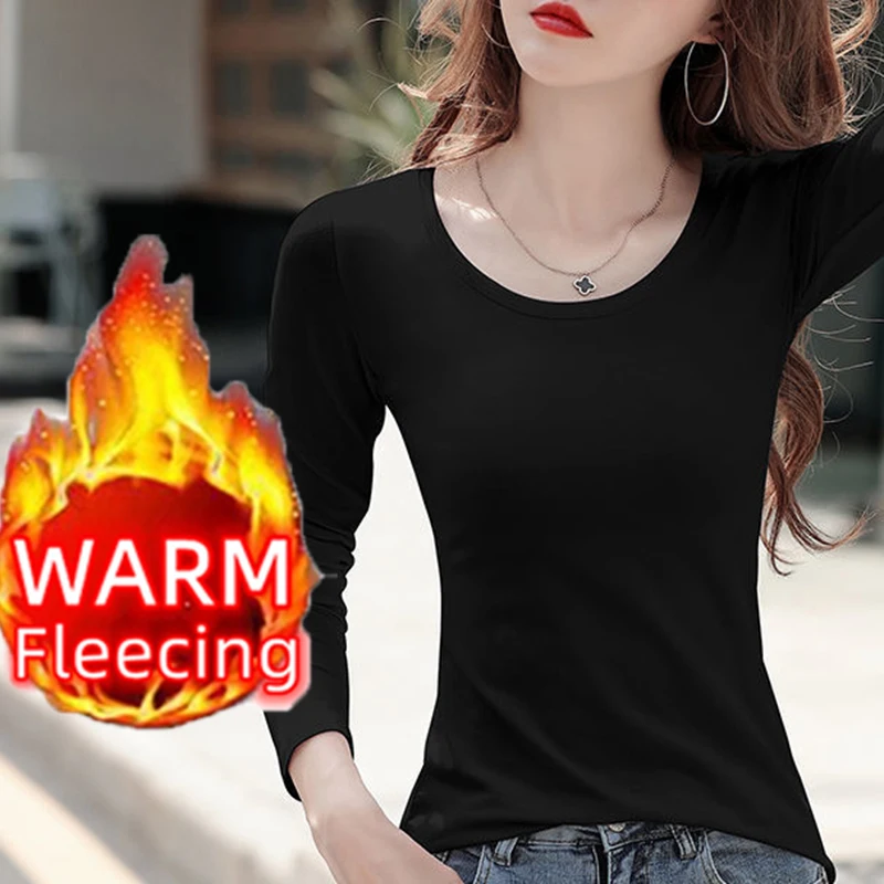 O Neck Long Sleeve Winter Bottoming Tops Black Casual Solid Basic Velvet Heating Fiber Thermal T-Shirts Women Clothing Simple