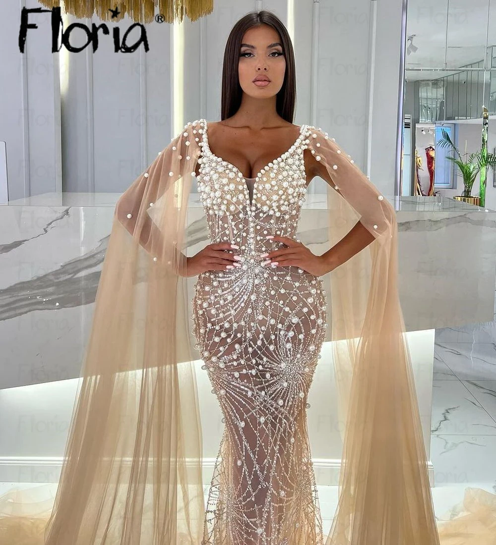 Elegante vestido de festa, Pérolas Sereia Decote V, Manga Longa do Cabo, Champanhe Claro, Vestidos Noturnos de Dubai