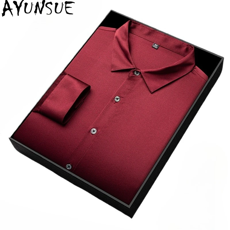 AYUNSUE High Quality 90.8% Real Mulberry Silk Shirts for Men Clothing Casual Long Sleeve Tops Mens Shirt Satin Black Shirt New