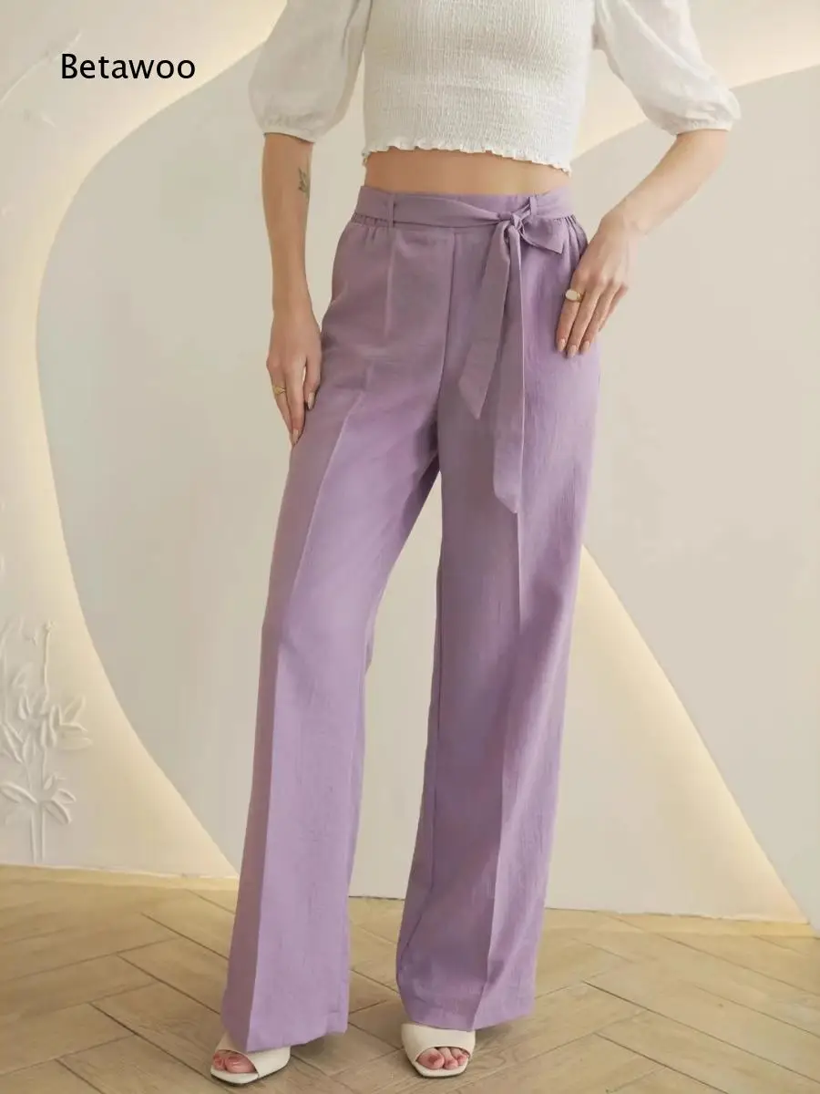Mid Waist Self Tie Sash Wide Leg Trousers Front Pleat Solid Lightweight Textured Fabric for Vacation Casual Daily