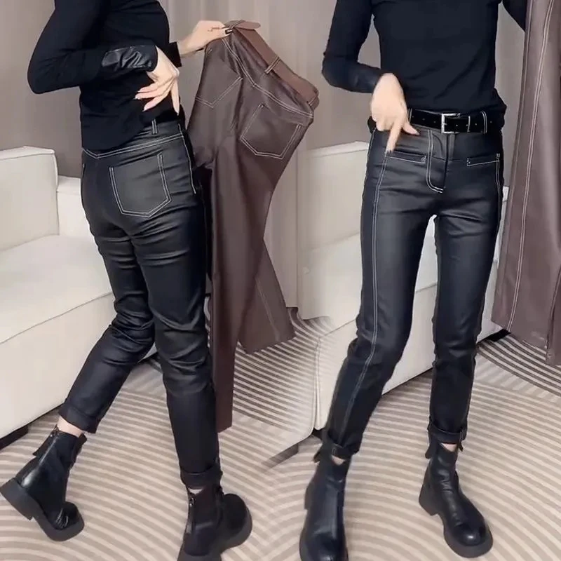 

High Quality PU Leather Casual Straight Leg Pant Loose Slimming Plus Size Highs Waist Fashion Y2k Haren Pants for Women