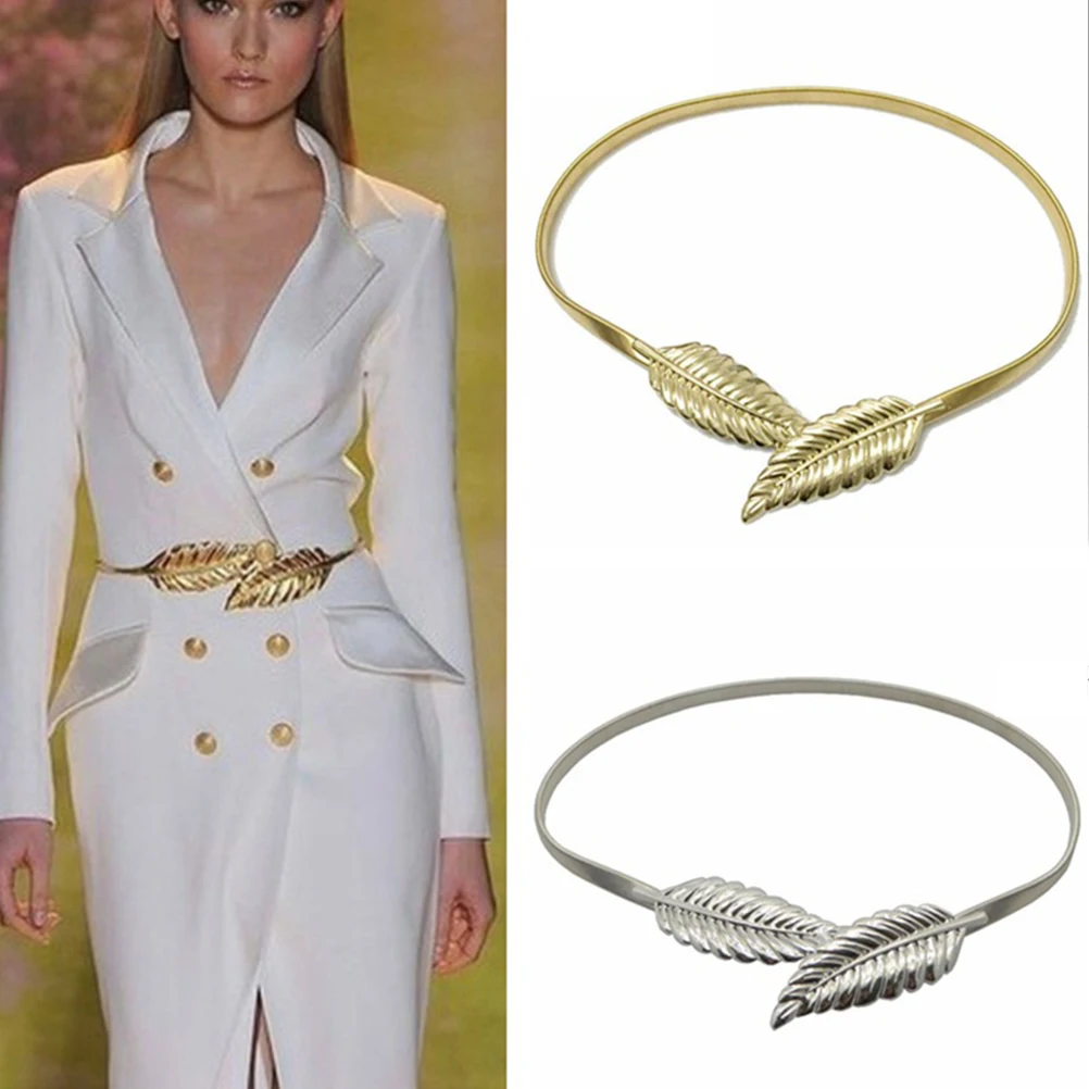 

Metal Decorative Waist Belt Elegant Leaf Design Adjustable Elastic Stretch Women Fashion Dress Accessory