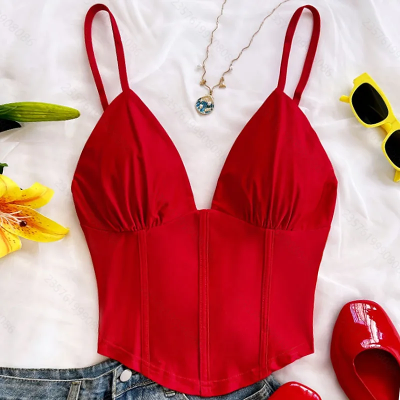 Damen Tank Top – Neu, Sommer, V-Ausschnitt, schmal geschnitten, sexy, rot, mit Falten, Camisole, Damenoberteil, Top Mujer, Damenbekleidung, Kleidung für Damen Q3655